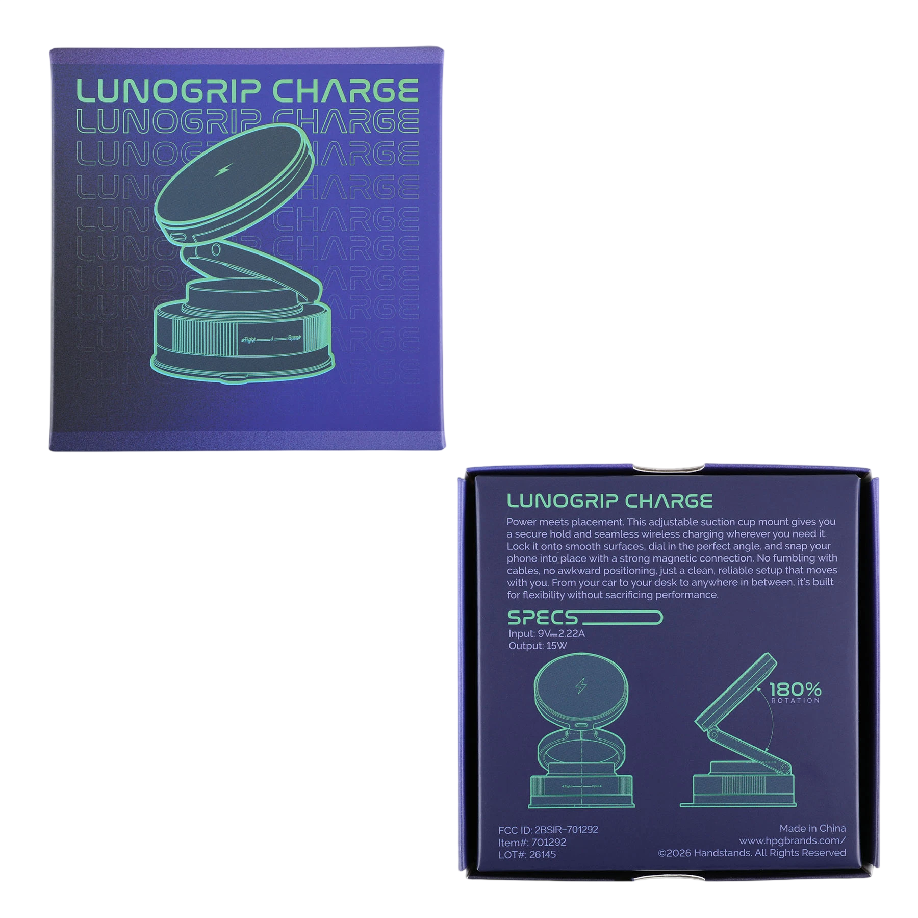 Black Lunogrip Charge Phone Stand & Wireless Charger in black, compact adjustable design with a magnetic charging pad and suction cup base for hands-free phone charging on smooth surfaces.
