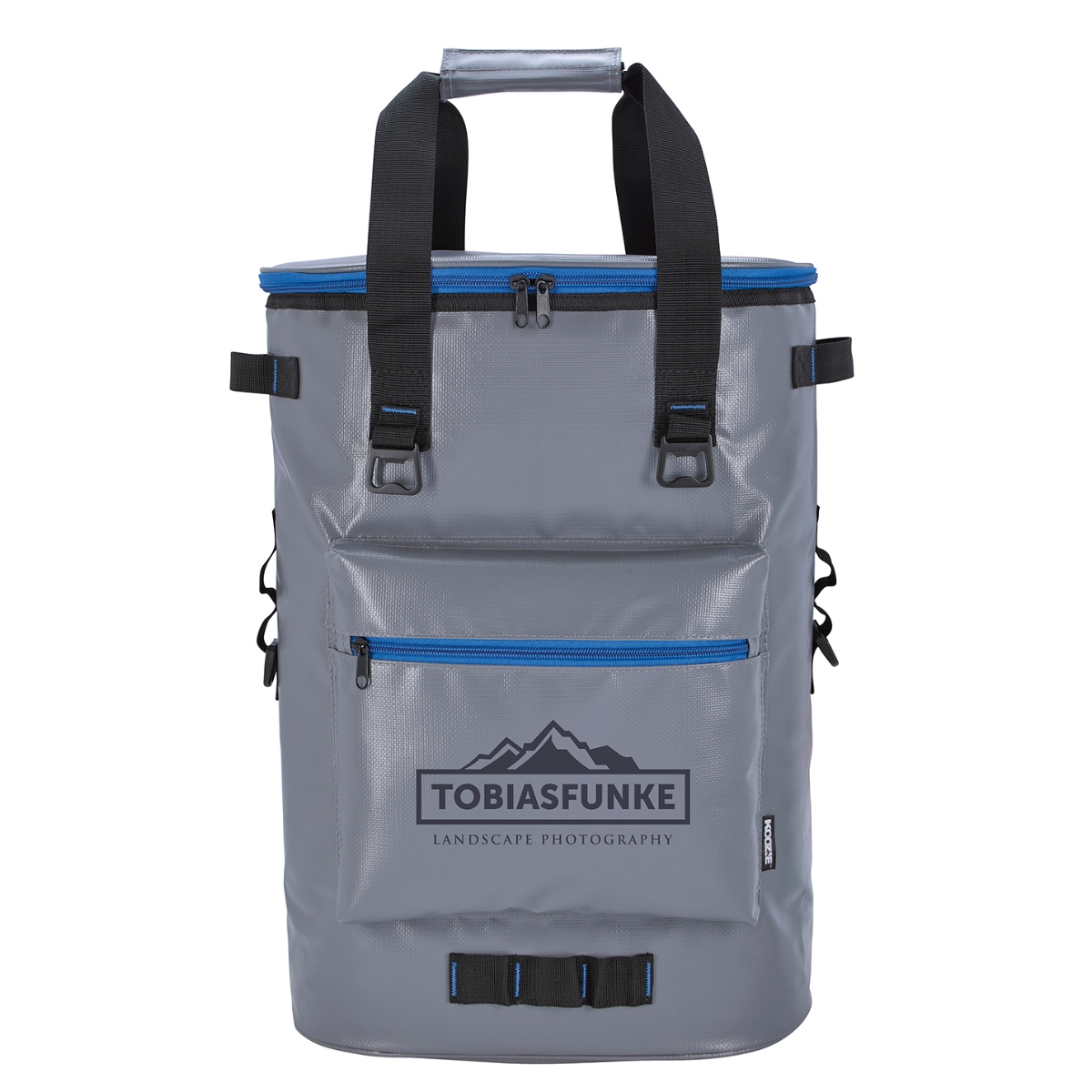 36-can cooler backpack with a 26L capacity, tarpaulin construction, heat-sealed PEVA liner, padded straps, and two bottle openers.