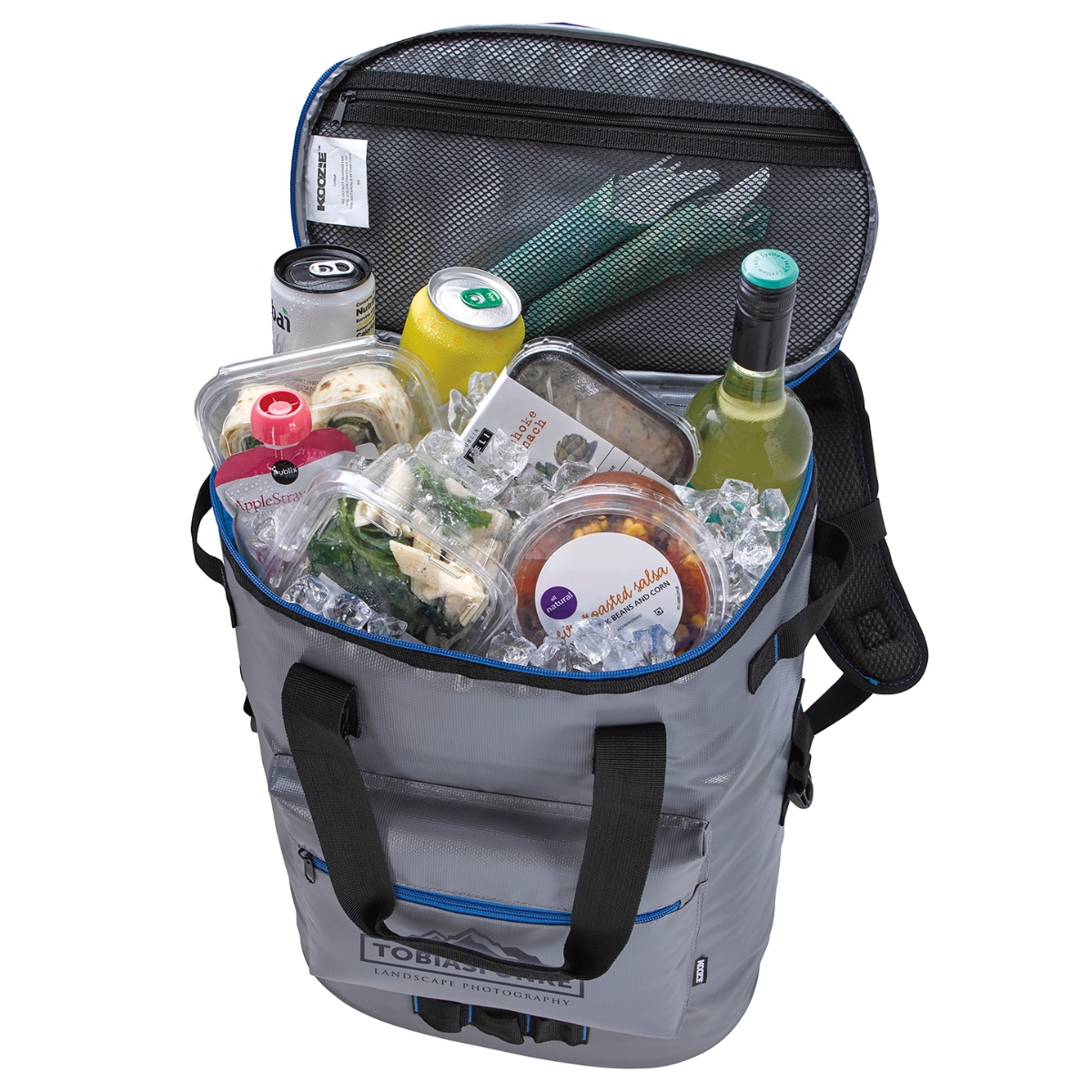 36-can cooler backpack with a 26L capacity, tarpaulin construction, heat-sealed PEVA liner, padded straps, and two bottle openers.