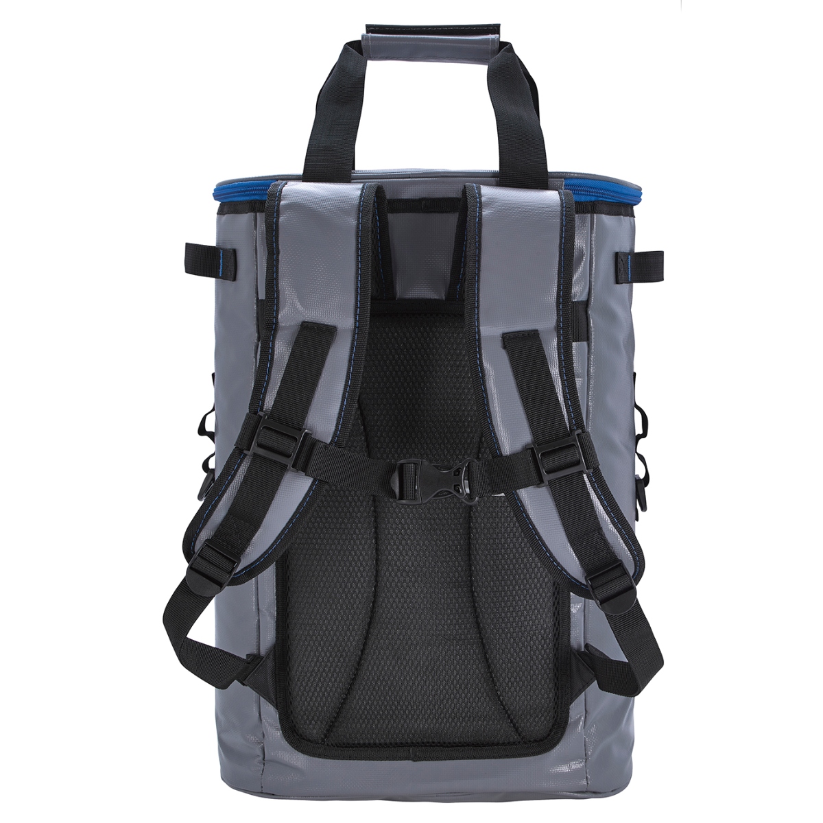 36-can cooler backpack with a 26L capacity, tarpaulin construction, heat-sealed PEVA liner, padded straps, and two bottle openers.
