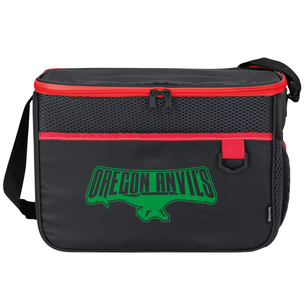 Cooler bag with a zippered main compartment, front hook-and-loop pocket, side mesh pocket, adjustable shoulder strap, and heat-sealed PEVA liner.