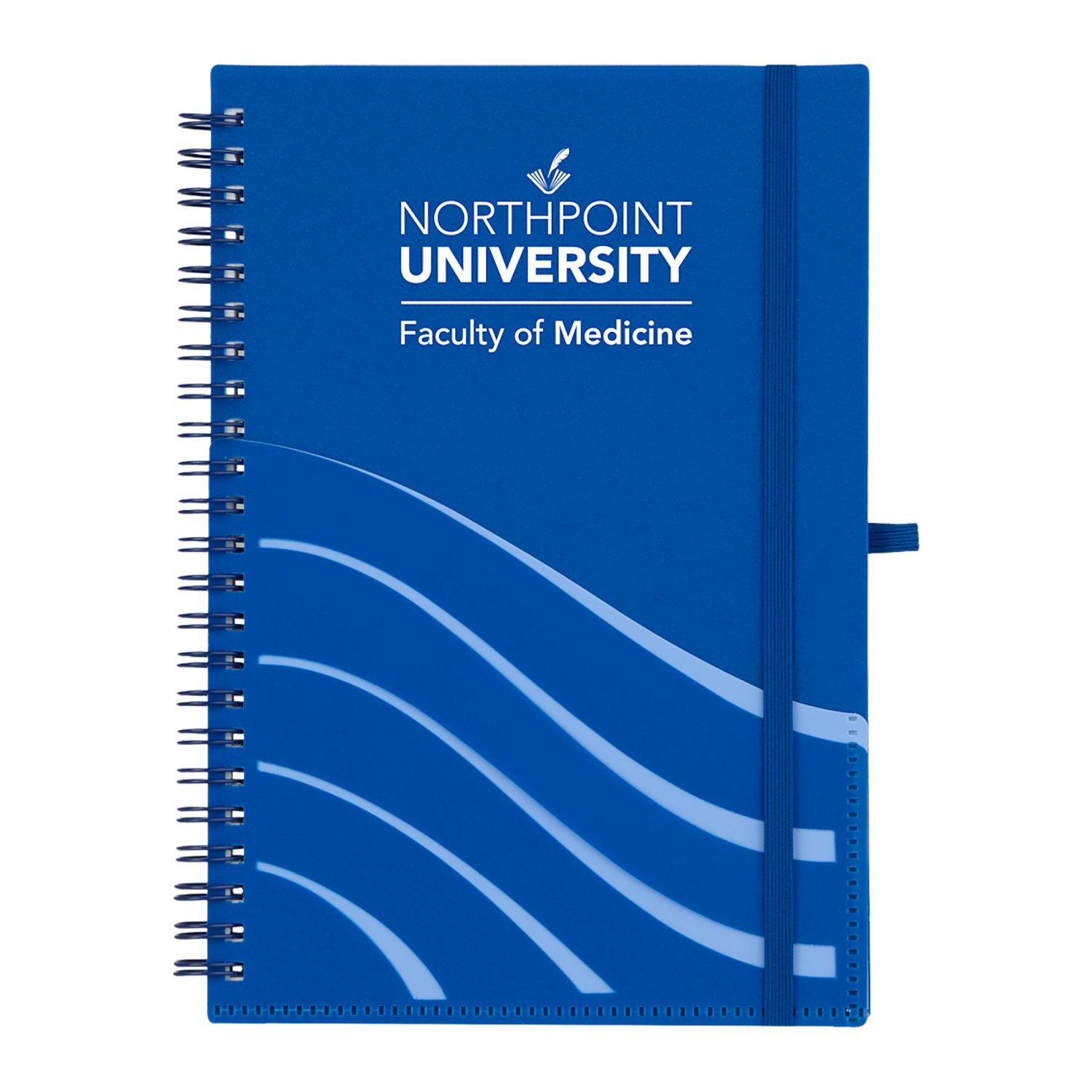 Blue Scripto® recycled spiral notebook with a recycled polypropylene cover, front storage pockets, recycled lined paper, and a matching pen loop for organized note-taking.