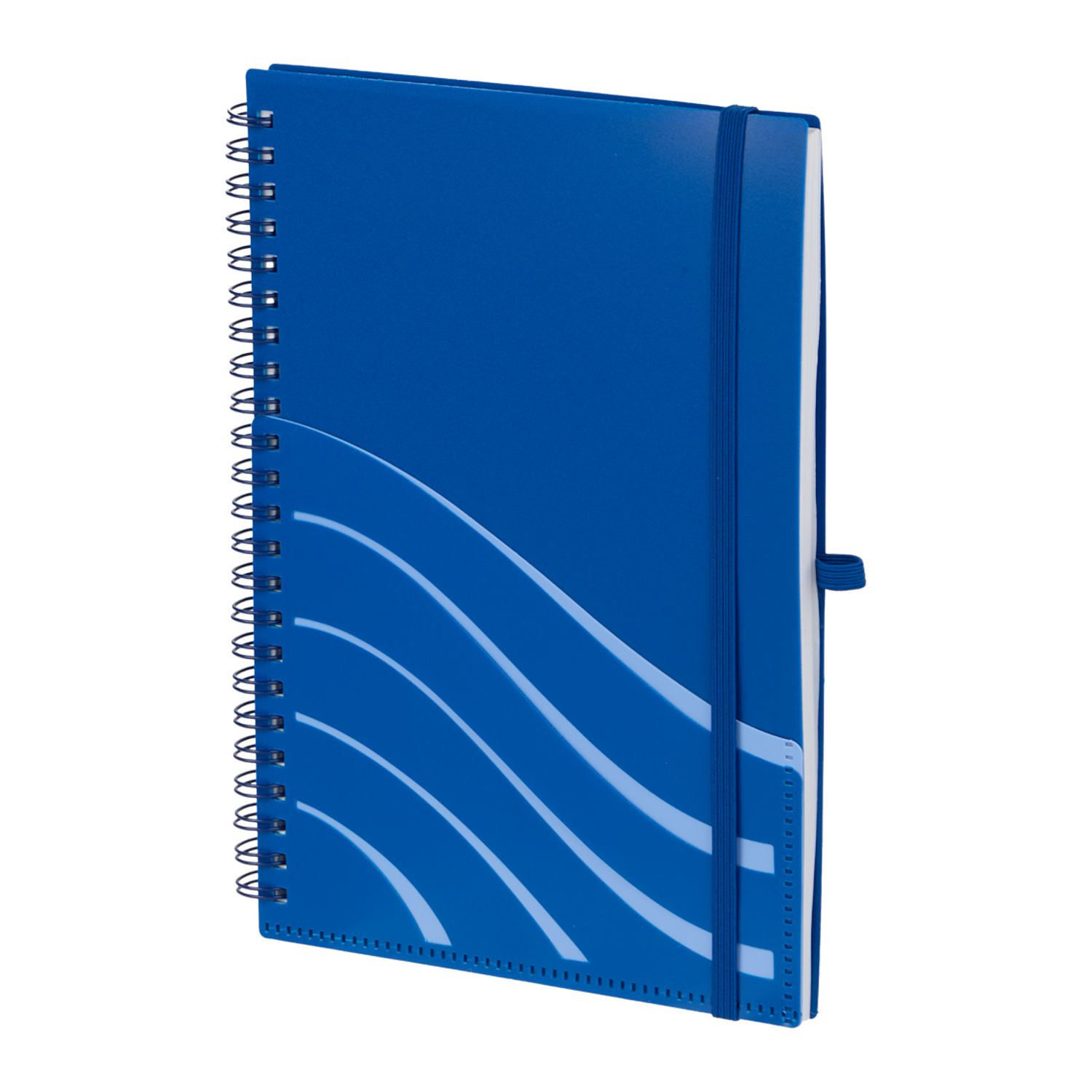 Blue Scripto® recycled spiral notebook with a recycled polypropylene cover, front storage pockets, recycled lined paper, and a matching pen loop for organized note-taking.