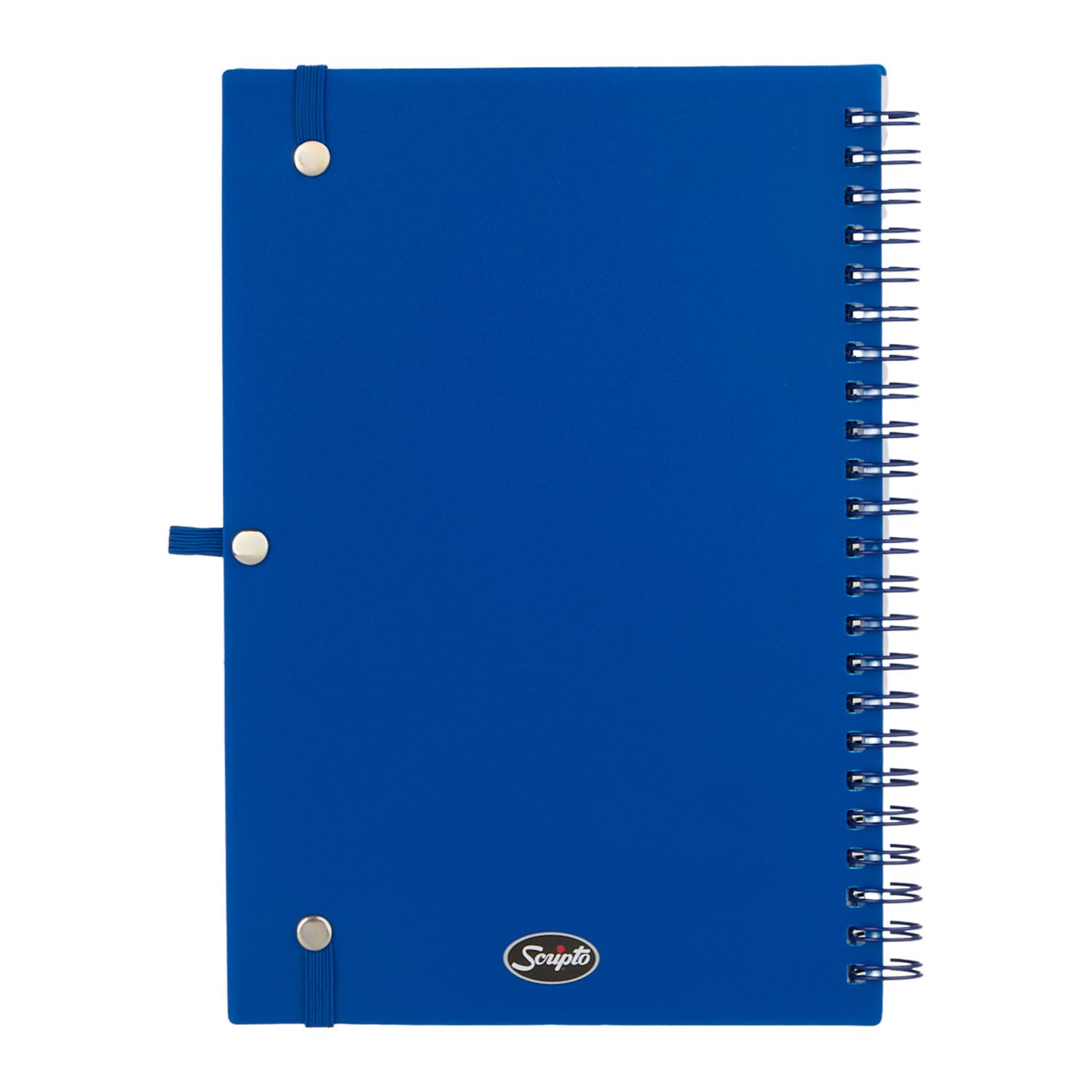Blue Scripto® recycled spiral notebook with a recycled polypropylene cover, front storage pockets, recycled lined paper, and a matching pen loop for organized note-taking.