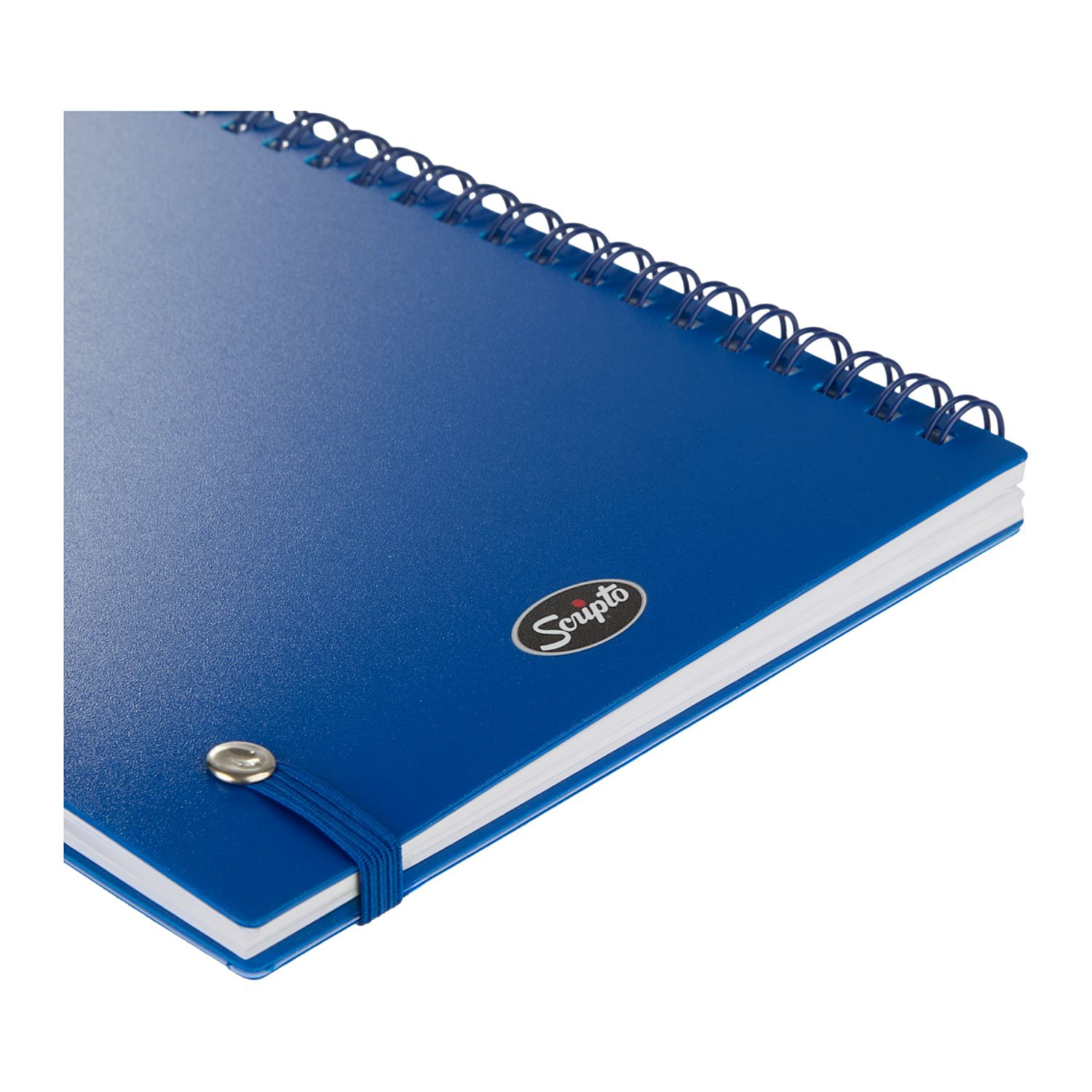Blue Scripto® recycled spiral notebook with a recycled polypropylene cover, front storage pockets, recycled lined paper, and a matching pen loop for organized note-taking.