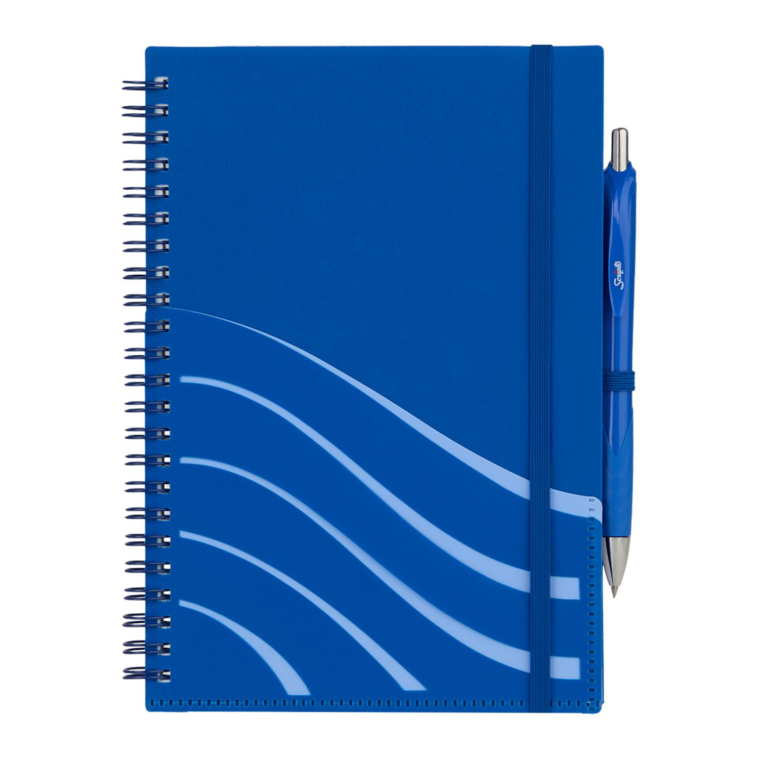 Blue Scripto® recycled spiral notebook with a recycled polypropylene cover, front storage pockets, recycled lined paper, and a matching pen loop for organized note-taking.