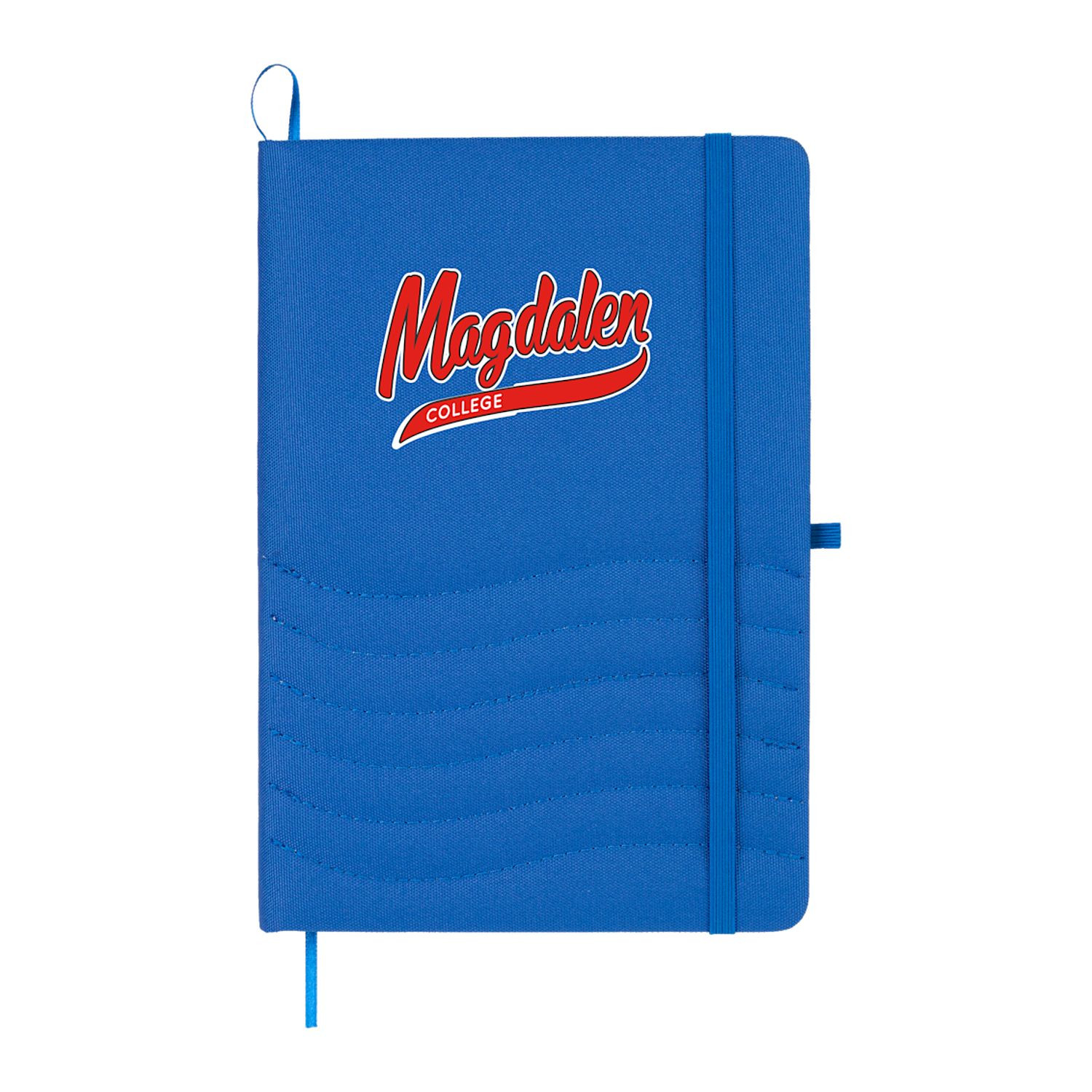 Blue Scripto® recycled bound notebook with a quilted wave-pattern cover, recycled lined paper, matching pen loop, and ribbon page marker for organized note-taking.