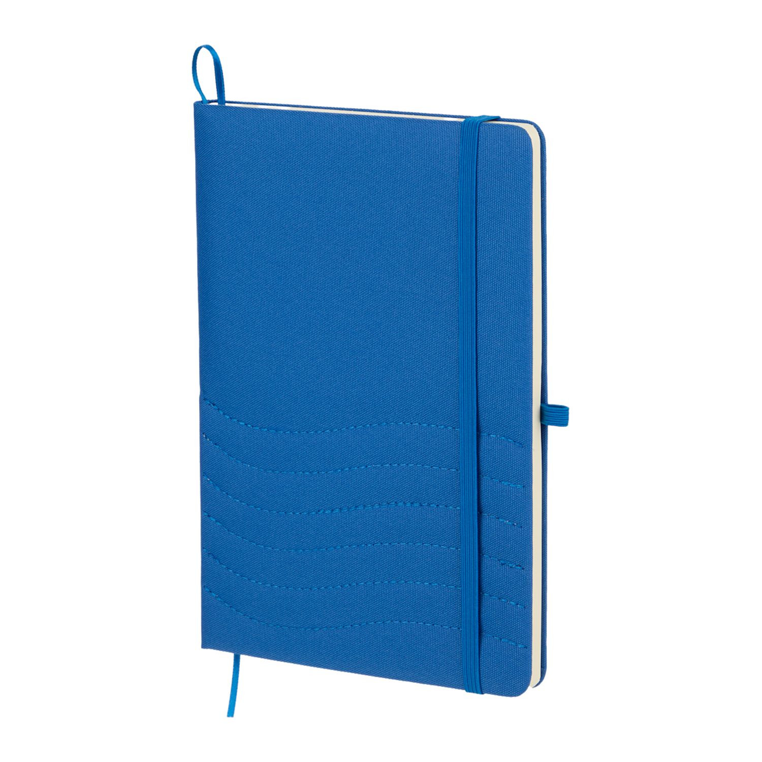 Blue Scripto® recycled bound notebook with a quilted wave-pattern cover, recycled lined paper, matching pen loop, and ribbon page marker for organized note-taking.