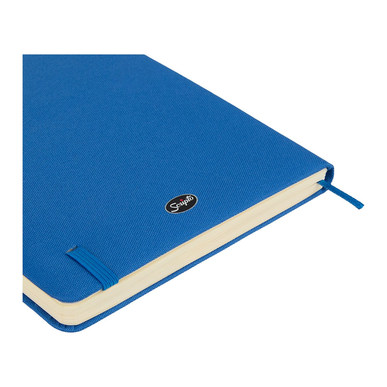 Blue Scripto® recycled bound notebook with a quilted wave-pattern cover, recycled lined paper, matching pen loop, and ribbon page marker for organized note-taking.