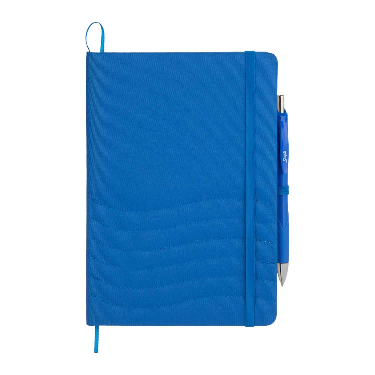 Blue Scripto® recycled bound notebook with a quilted wave-pattern cover, recycled lined paper, matching pen loop, and ribbon page marker for organized note-taking.
