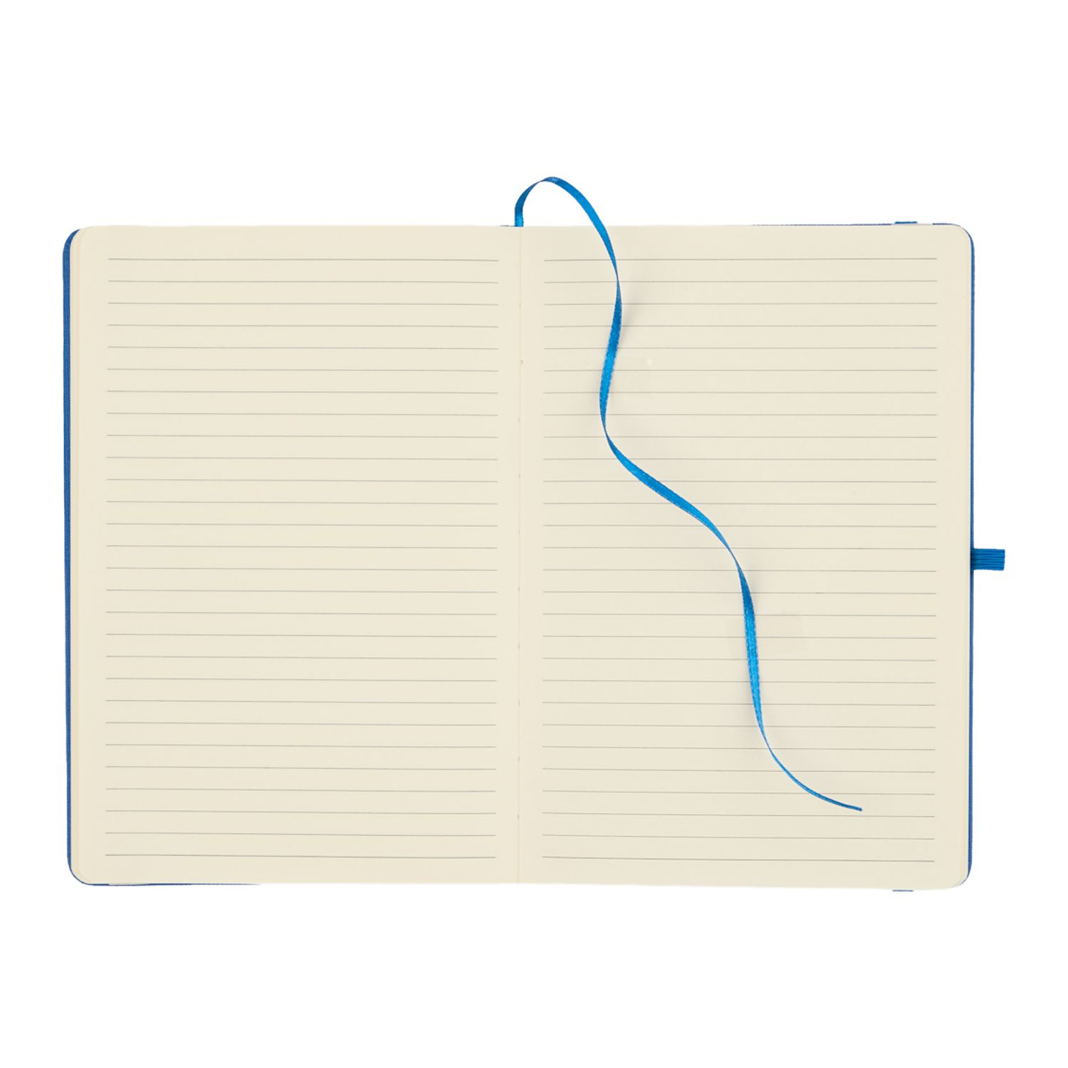 Blue Scripto® recycled bound notebook with a quilted wave-pattern cover, recycled lined paper, matching pen loop, and ribbon page marker for organized note-taking.