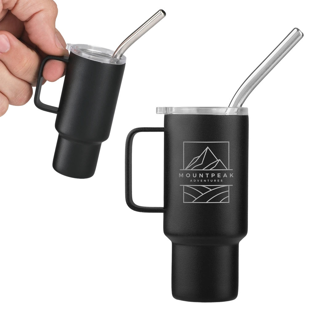 Black mini stainless steel tumbler with a clear plastic lid and metal straw, designed for shots, espresso, small beverages, party favors, and promotional giveaways.