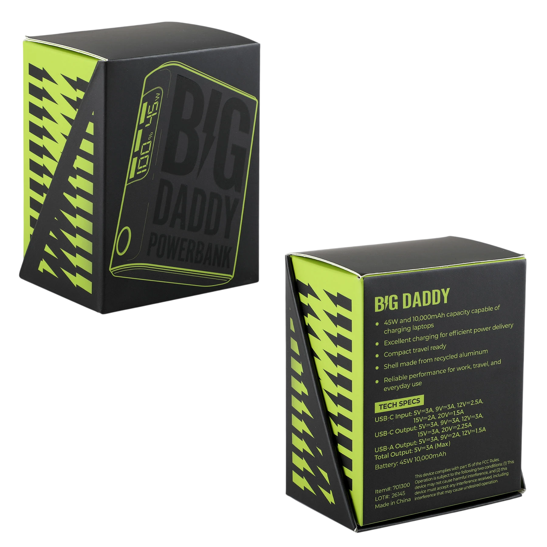 Box of Black Big Daddy Laptop Power Bank in a compact black recycled-material shell, featuring a 10,000mAh battery and 45W charging output for laptops, smartphones, tablets, and other compatible devices.
