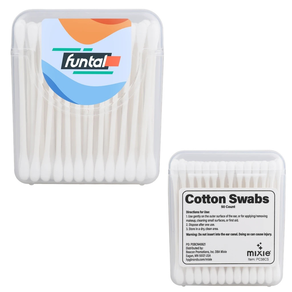 White portable cotton swab case containing 50 individual cotton swabs with a compact flip-top design for travel, beauty touch-ups, first aid, and everyday personal care.