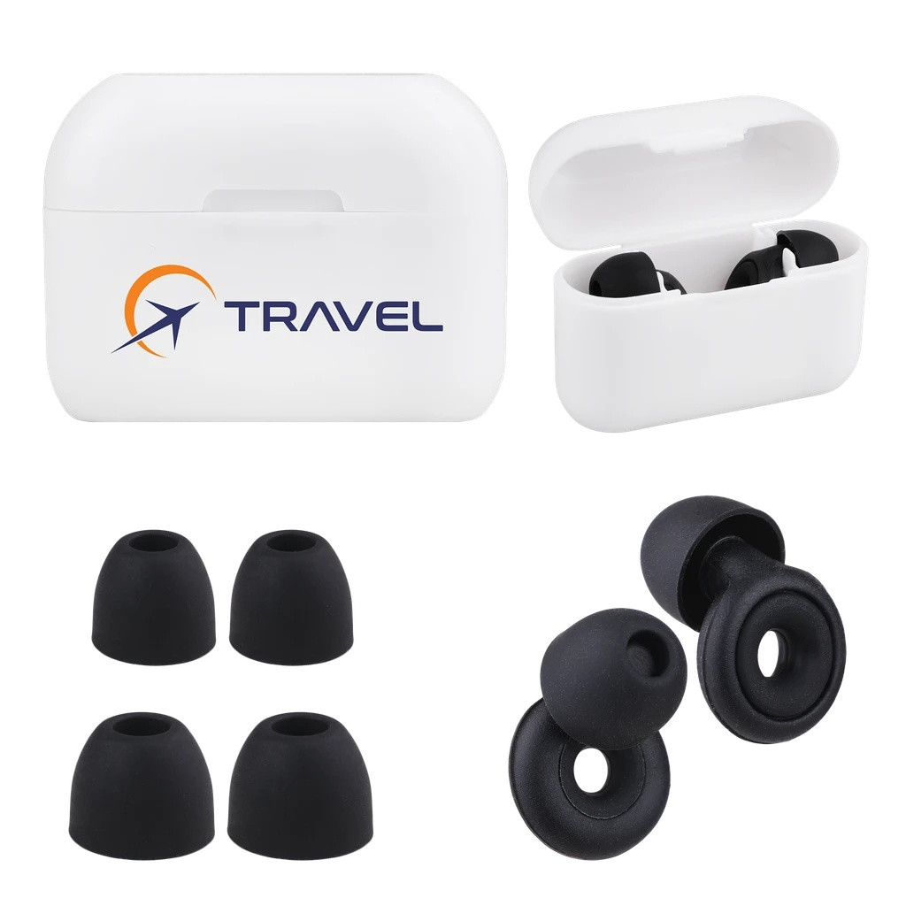 White and black loop-style silicone earplugs with a recycled plastic storage case and replacement ear tips for comfortable travel, studying, relaxation, and sleep.