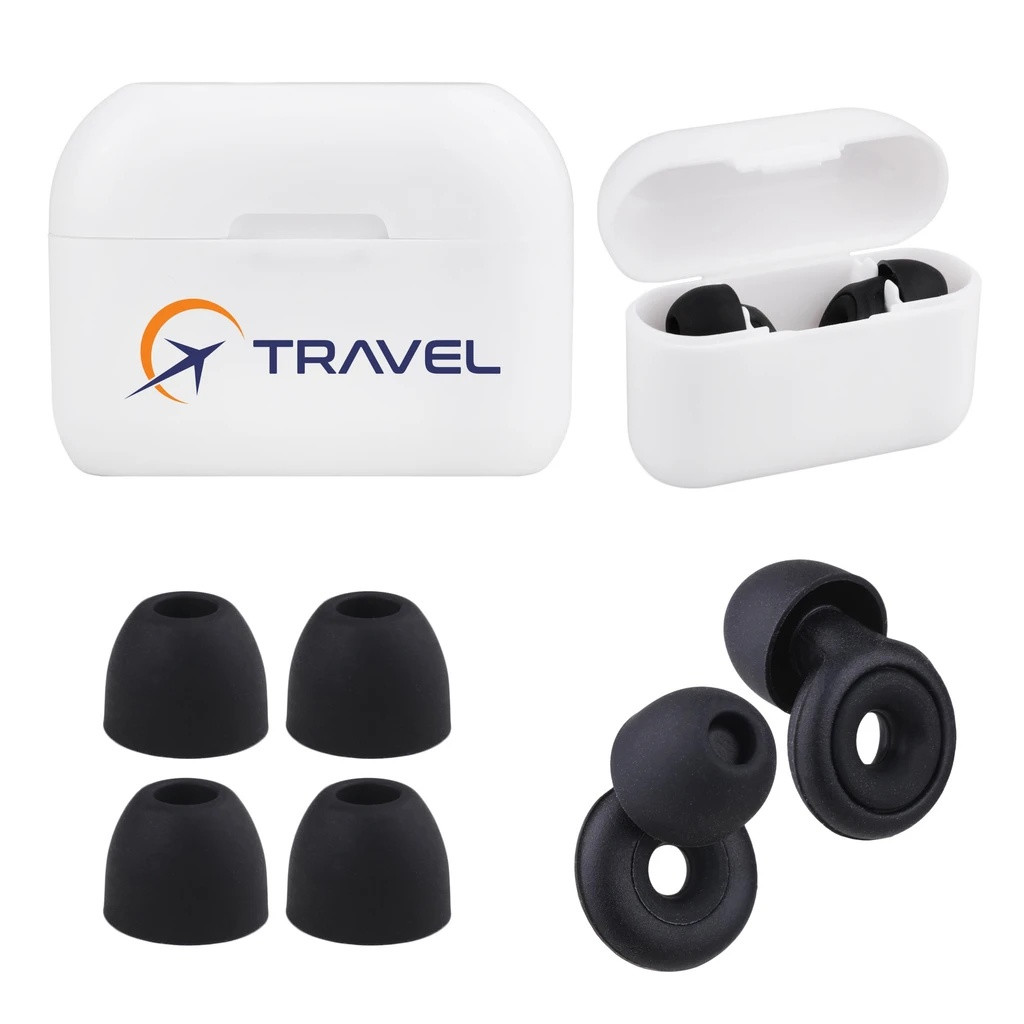 White and black loop-style silicone earplugs with a recycled plastic storage case and replacement ear tips for comfortable travel, studying, relaxation, and sleep.