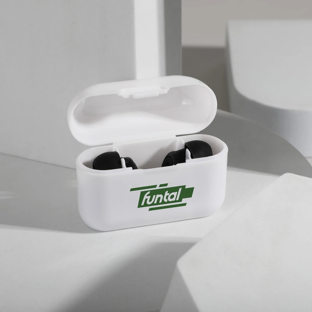White and black loop-style silicone earplugs with a recycled plastic storage case and replacement ear tips for comfortable travel, studying, relaxation, and sleep.