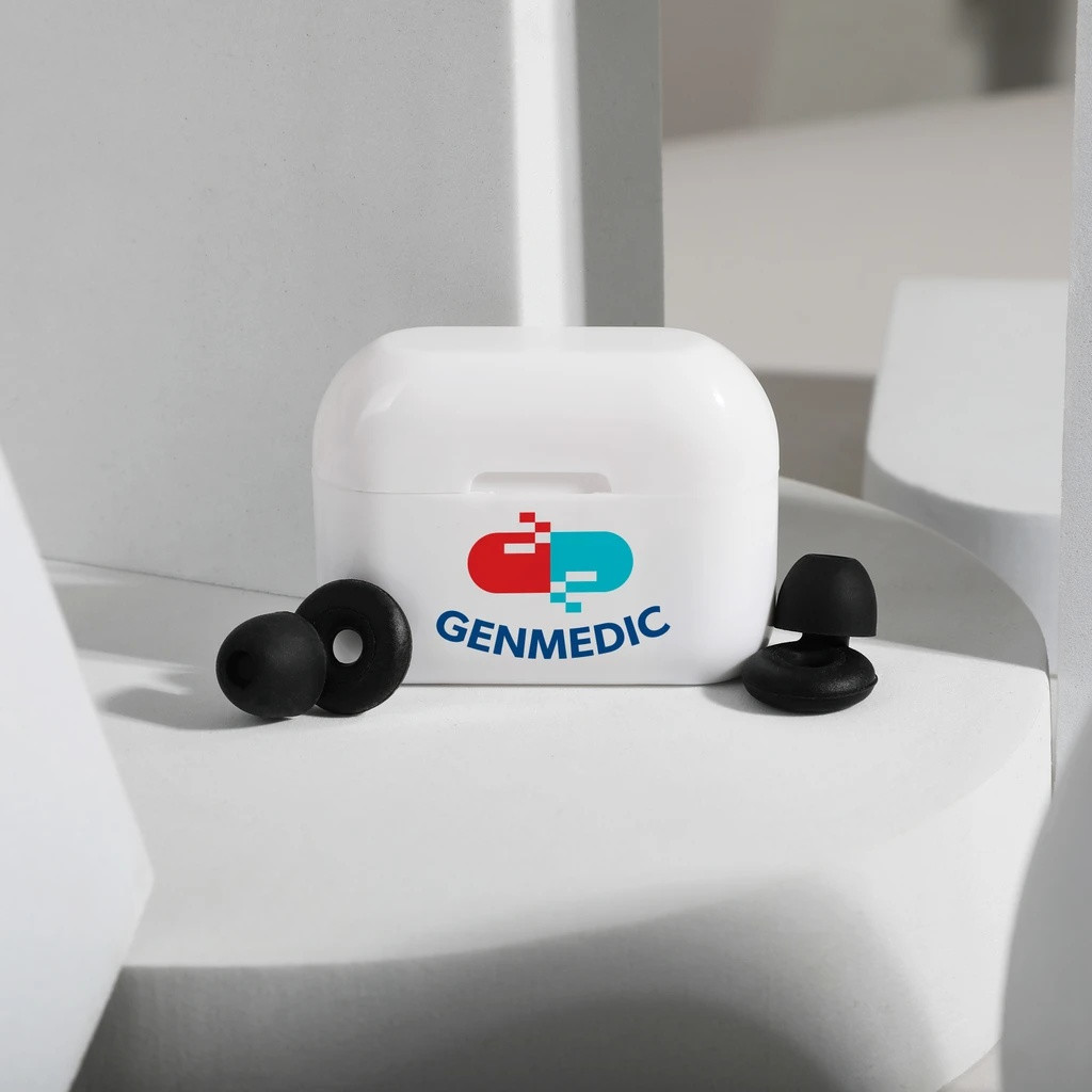 White and black loop-style silicone earplugs with a recycled plastic storage case and replacement ear tips for comfortable travel, studying, relaxation, and sleep.