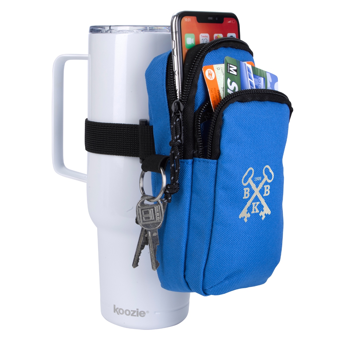 RPET phone pouch with a spacious main compartment, front zippered pocket, card slots, key fob, and elastic band for drinkware or arm attachment.