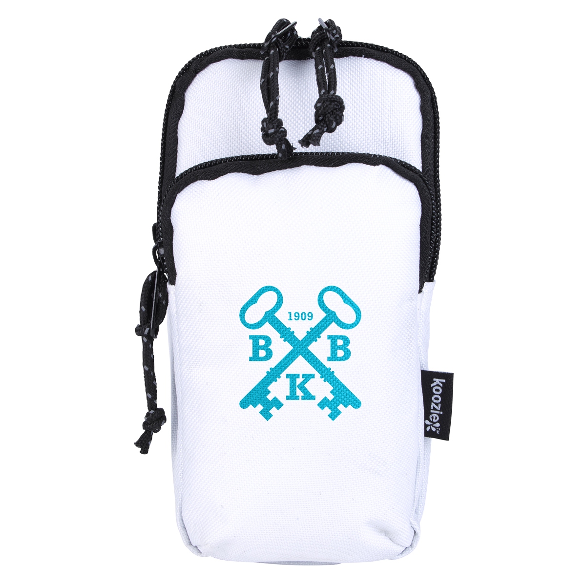 RPET phone pouch with a spacious main compartment, front zippered pocket, card slots, key fob, and elastic band for drinkware or arm attachment.