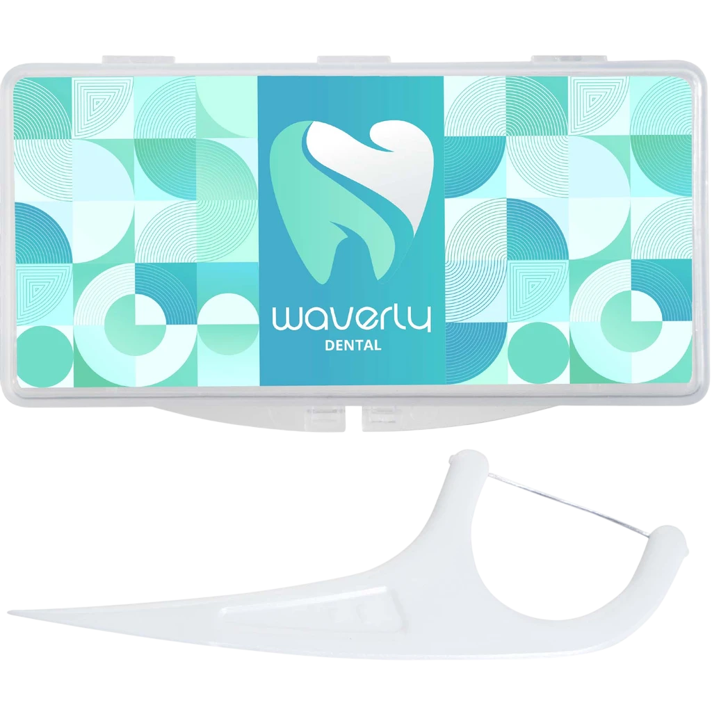 Dental Floss Pick 10-Pack with minty fresh easy-glide floss in a clear carrying case, designed for convenient on-the-go oral care.