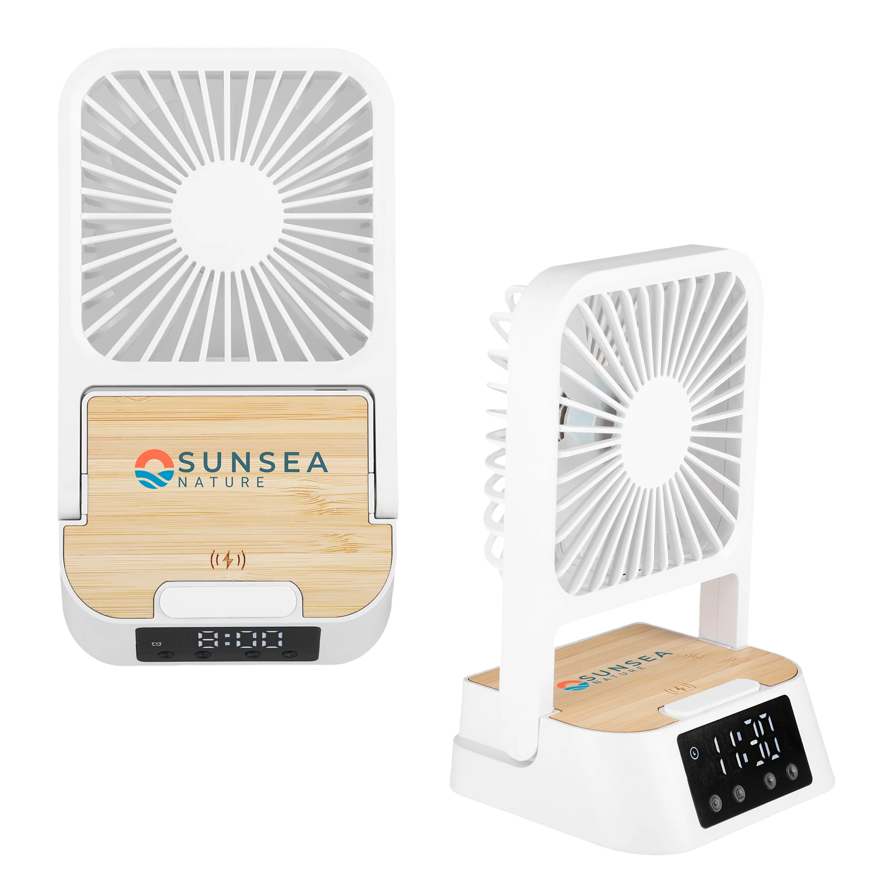 Natural Bamboo/White Cool & Connect 4-in-1 Desk Fan in a compact desktop design with three fan speeds, built-in wireless charging pad, digital clock and alarm display, and phone stand for cooling, charging, and hands-free viewing.
