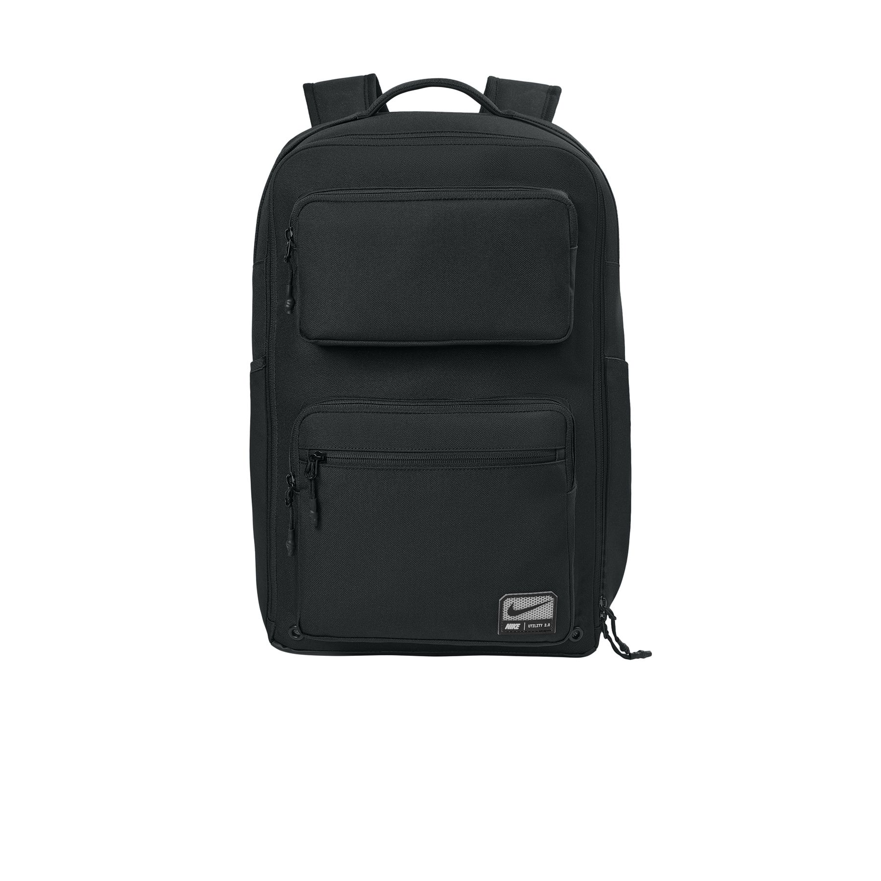 Black Nike Utility Speed backpack made from recycled polyester with a PU coating, featuring a spacious zippered main compartment, laptop sleeve, adjustable padded shoulder straps, exterior zippered pockets, and a side water bottle pocket.