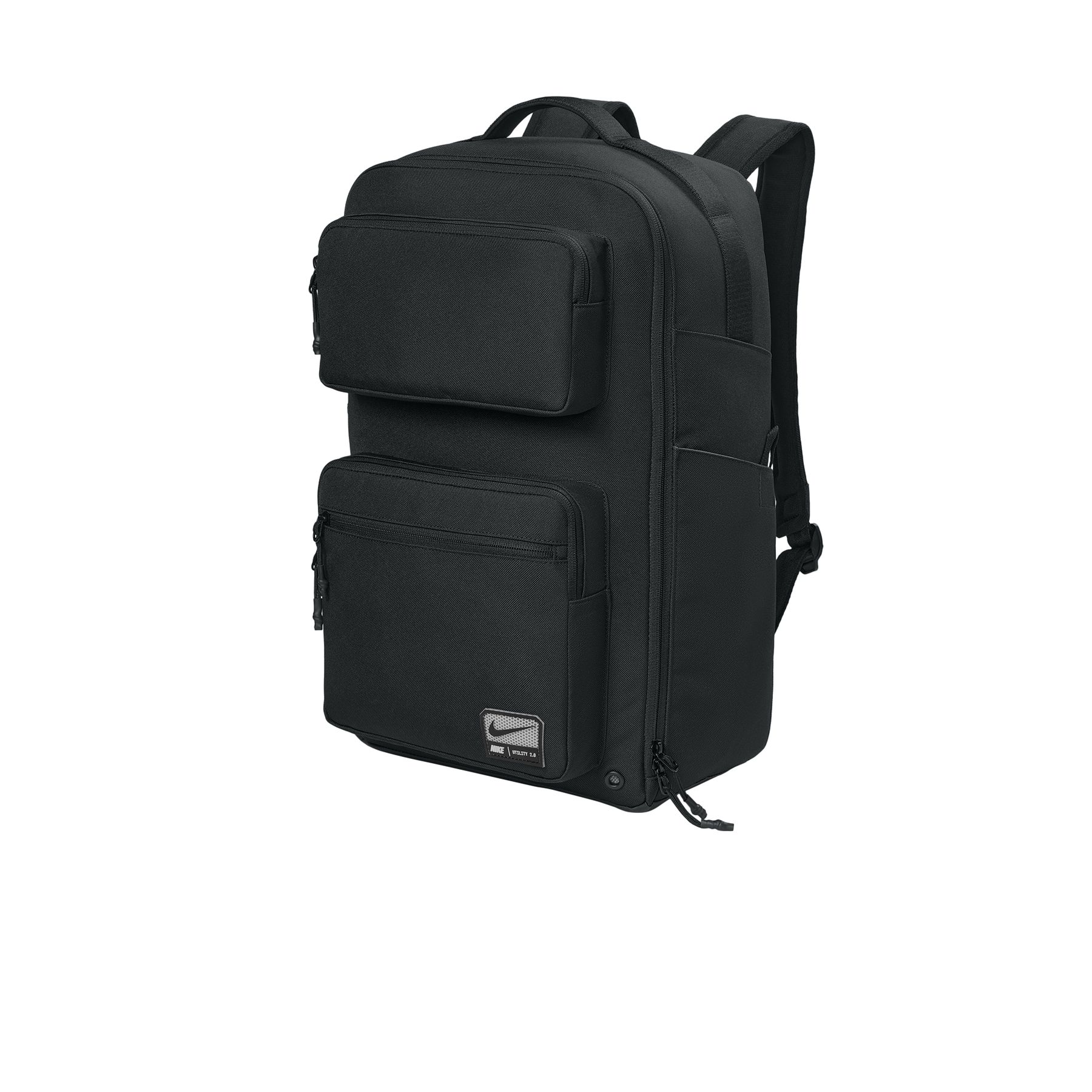 Black Nike Utility Speed backpack made from recycled polyester with a PU coating, featuring a spacious zippered main compartment, laptop sleeve, adjustable padded shoulder straps, exterior zippered pockets, and a side water bottle pocket.