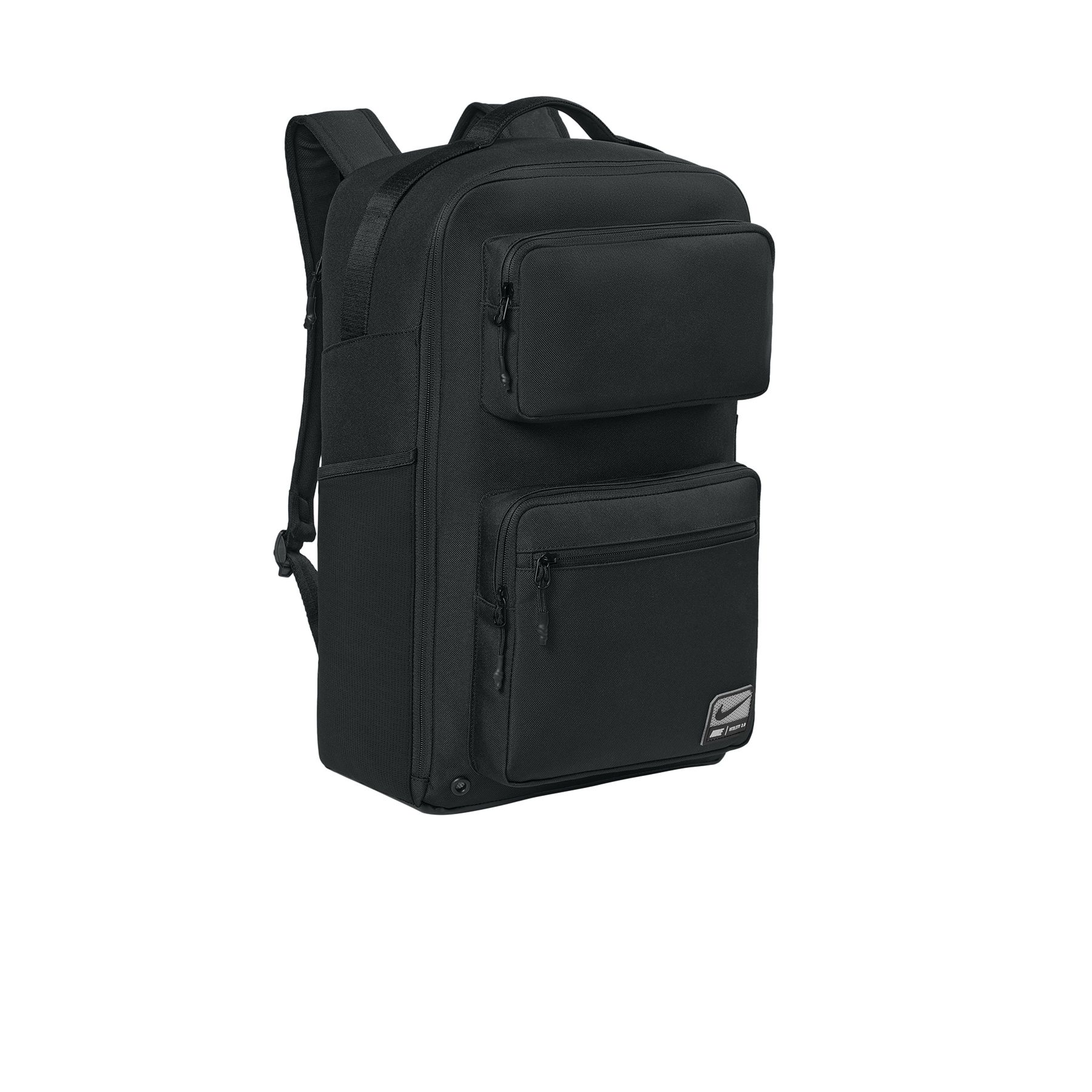 Black Nike Utility Speed backpack made from recycled polyester with a PU coating, featuring a spacious zippered main compartment, laptop sleeve, adjustable padded shoulder straps, exterior zippered pockets, and a side water bottle pocket.