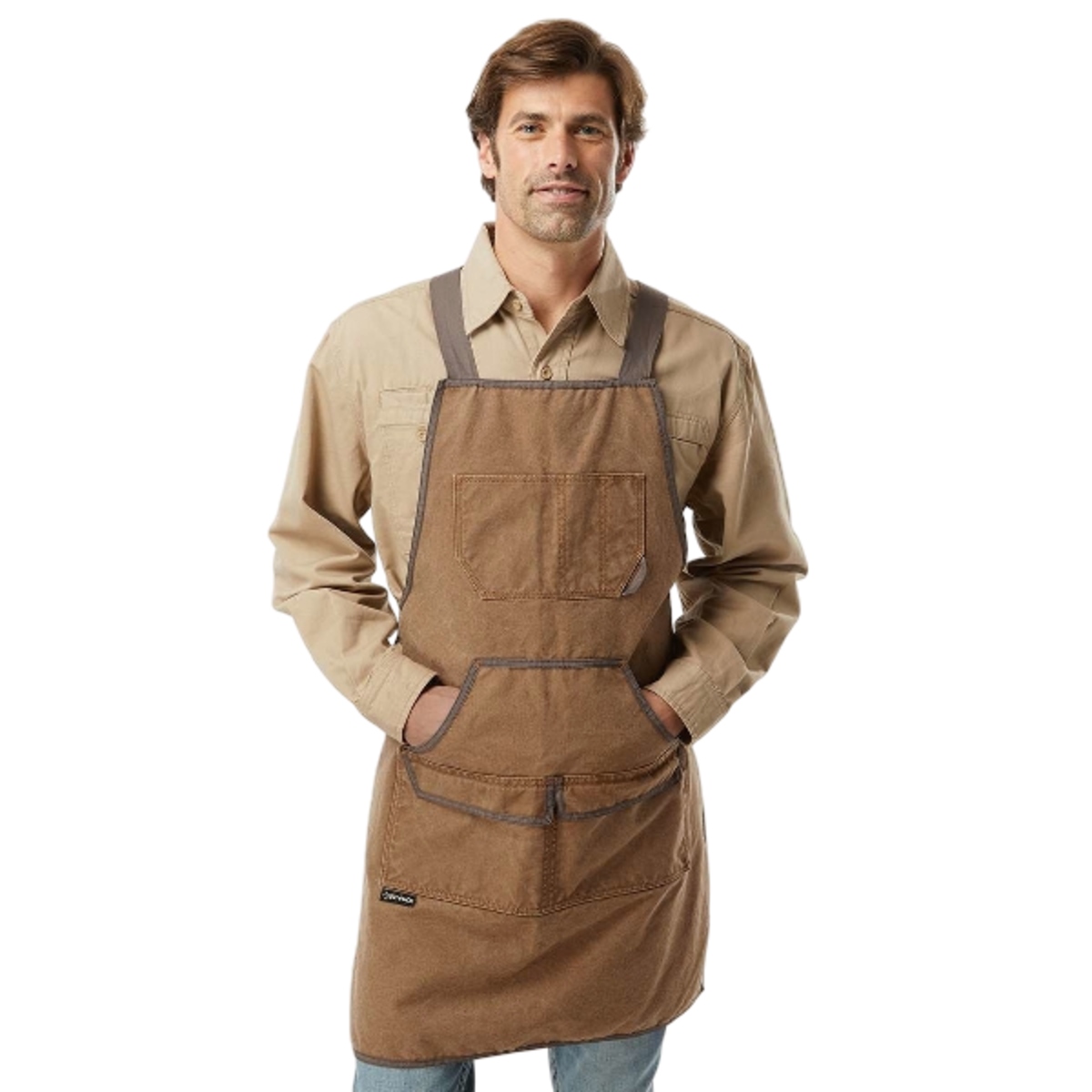Canvas apron with adjustable straps, front pouch and exterior pockets, cell phone pocket, built-in pencil slot, glasses loop, and hanging loop.