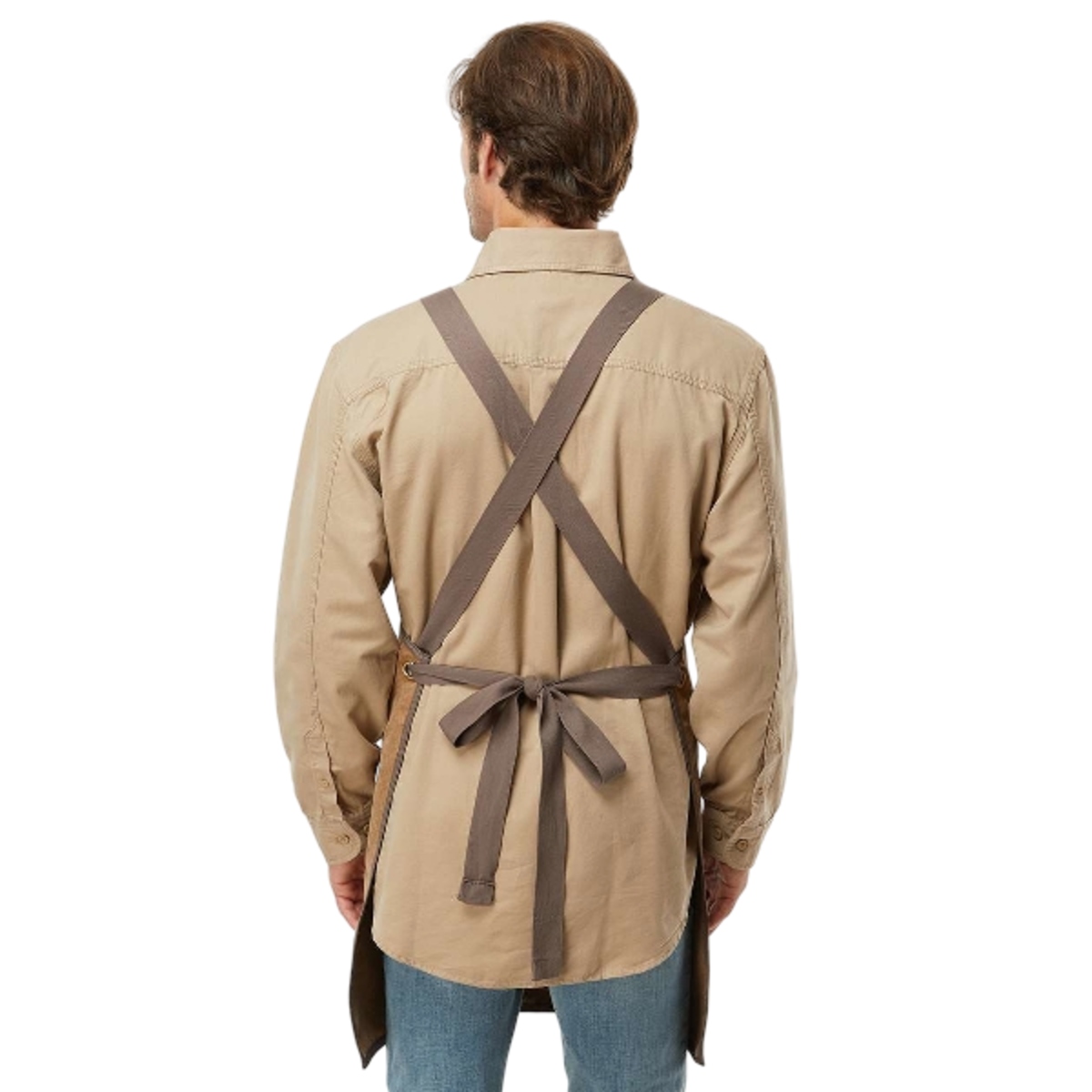 Canvas apron with adjustable straps, front pouch and exterior pockets, cell phone pocket, built-in pencil slot, glasses loop, and hanging loop.