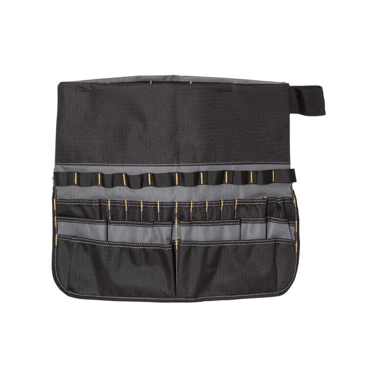 600D PVC ripstop bucket tool organizer with a fold-in design, 60 multi-sized pockets and loops, and compatibility with most 5-gallon buckets.