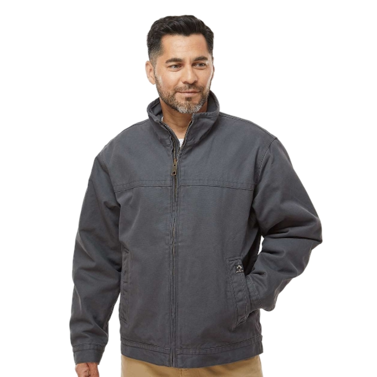 Quarry-washed cotton canvas jacket with soft plaid blanket lining, snap cuffs, adjustable waistband, interior pocket, and heavy-duty metal zipper.