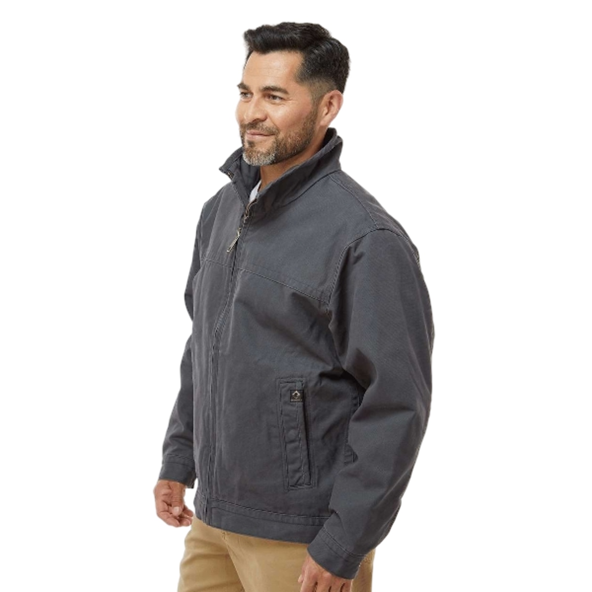 Quarry-washed cotton canvas jacket with soft plaid blanket lining, snap cuffs, adjustable waistband, interior pocket, and heavy-duty metal zipper.