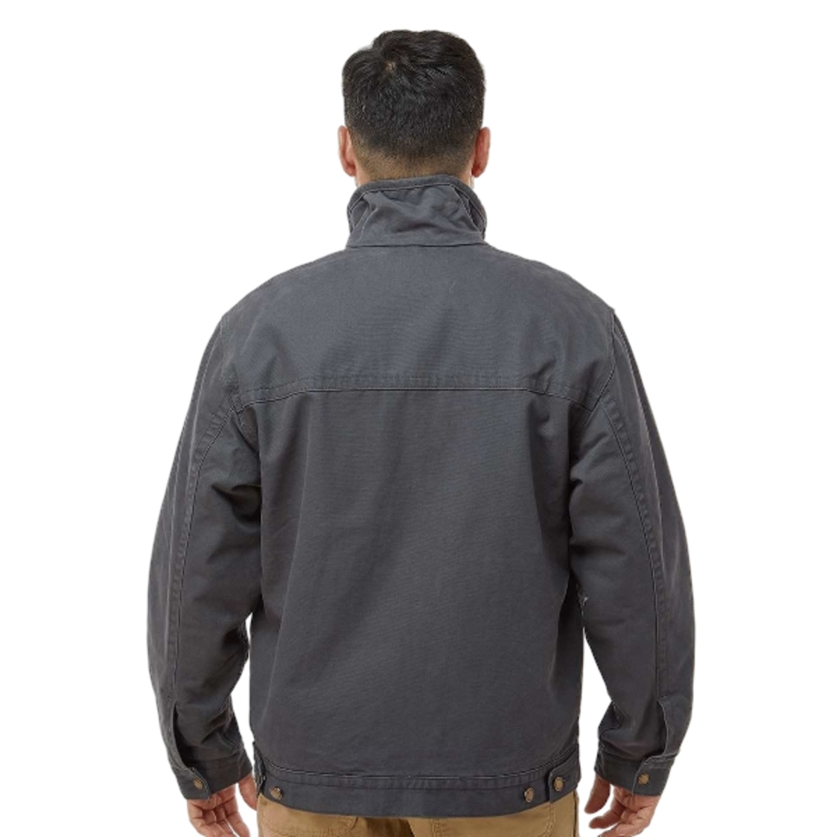 Quarry-washed cotton canvas jacket with soft plaid blanket lining, snap cuffs, adjustable waistband, interior pocket, and heavy-duty metal zipper.