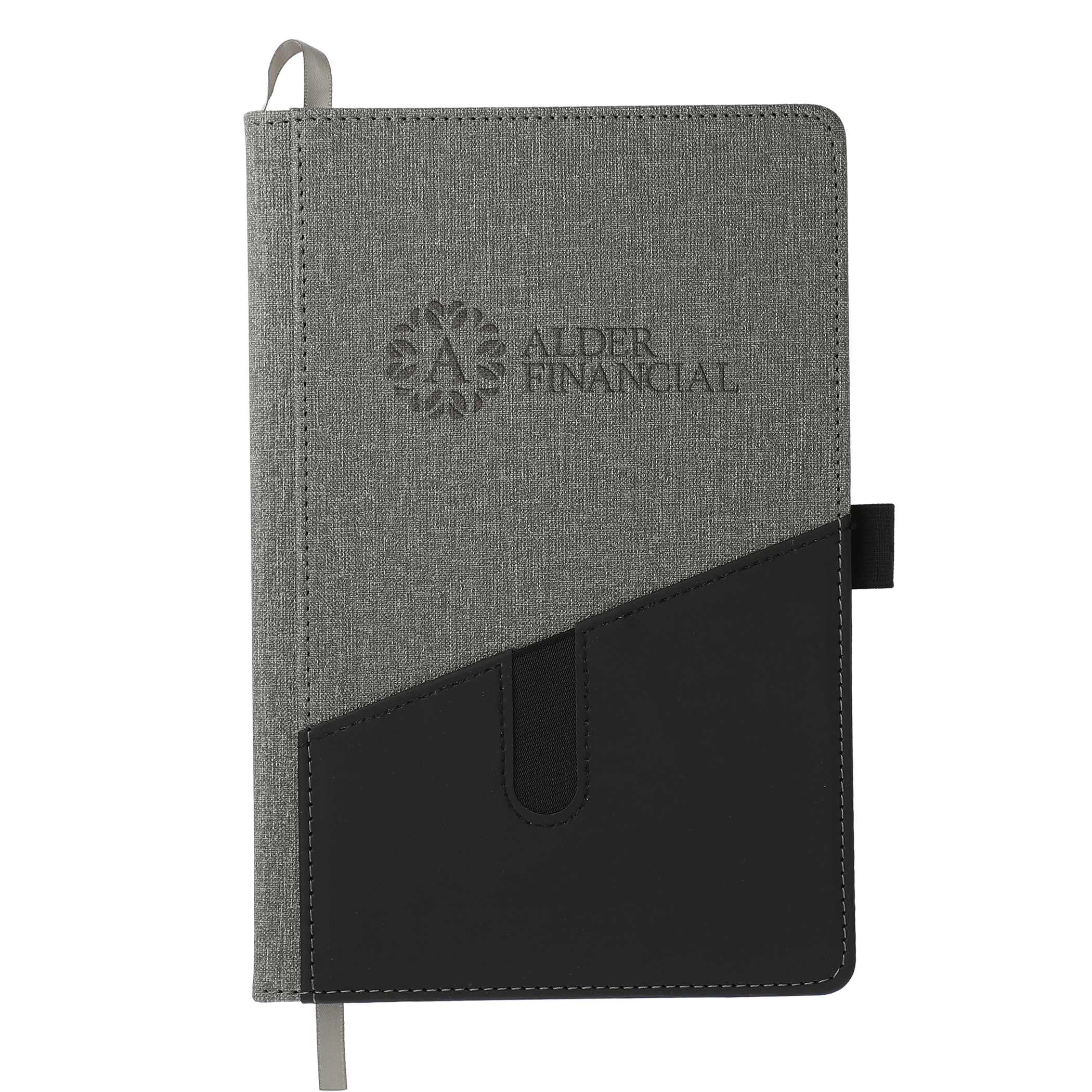 5.5" x 8.5" Siena Heathered Bound Journal in a heathered finish, featuring a bound cover, front and back storage pockets, elastic pen loop, ribbon page marker, and cream lined FSC® Mix paper for writing, notes, and document storage.