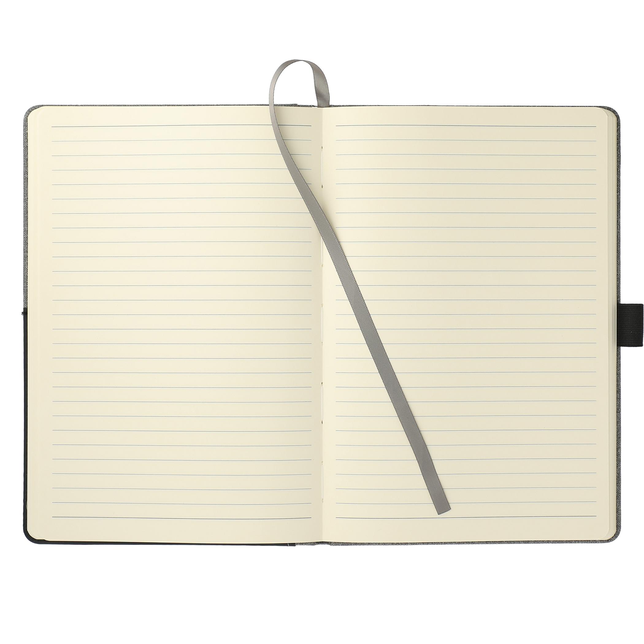 5.5" x 8.5" Siena Heathered Bound Journal in a heathered finish, featuring a bound cover, front and back storage pockets, elastic pen loop, ribbon page marker, and cream lined FSC® Mix paper for writing, notes, and document storage.
