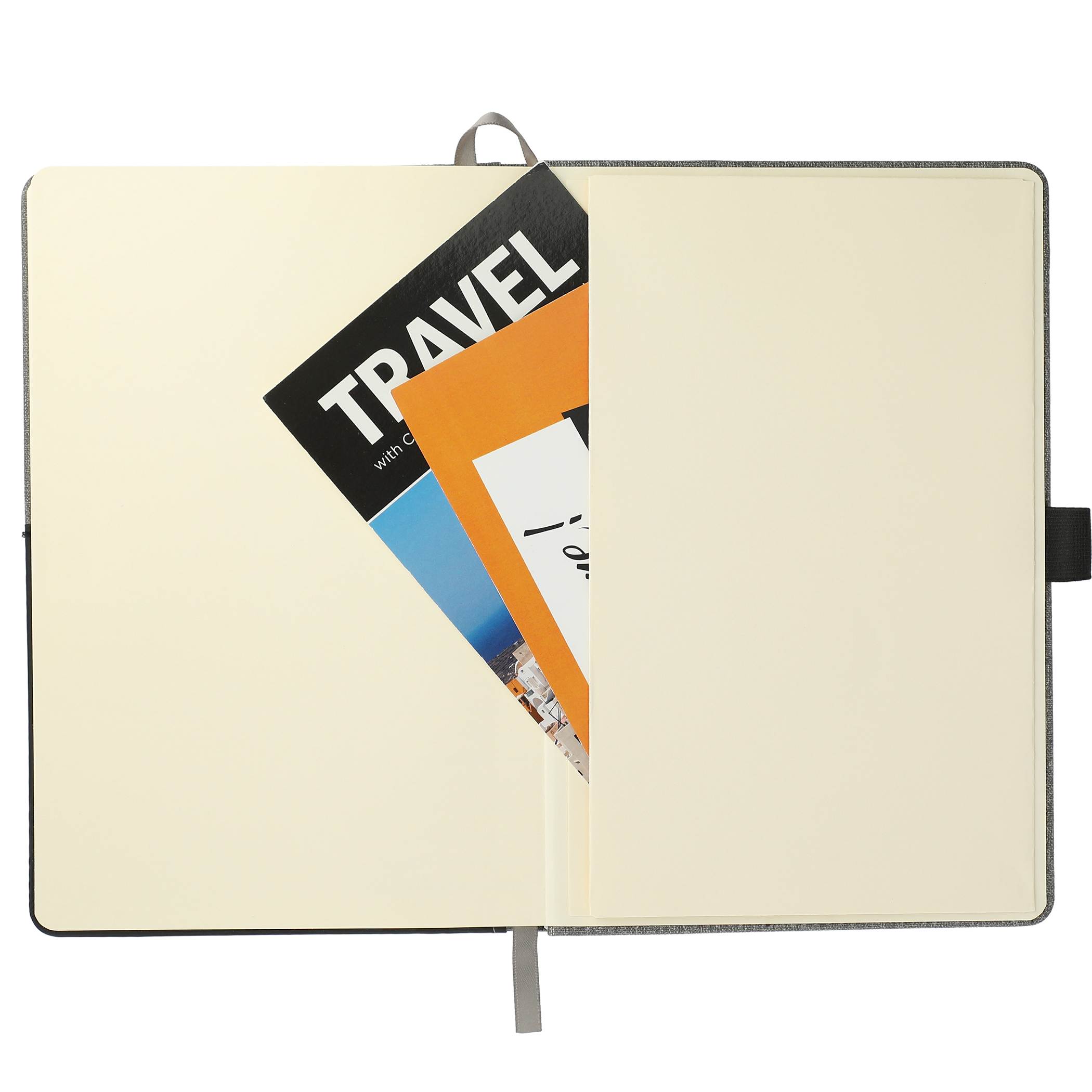 5.5" x 8.5" Siena Heathered Bound Journal in a heathered finish, featuring a bound cover, front and back storage pockets, elastic pen loop, ribbon page marker, and cream lined FSC® Mix paper for writing, notes, and document storage.