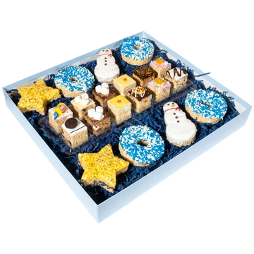 Assorted Handmade 12 Crispy Rice Treats & 8 Hand-Dipped Shapes Deluxe Box featuring assorted golden Rice Krispie treats and hand-dipped shapes, including stars, decorated donuts, and novelty figures, arranged in a gift-ready box for festive celebrations and corporate gifting.