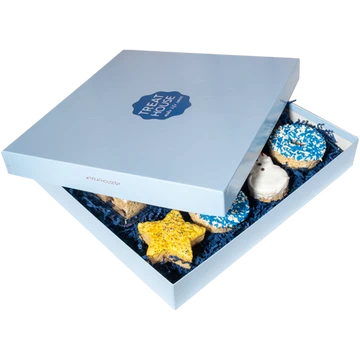Assorted Handmade 12 Crispy Rice Treats & 8 Hand-Dipped Shapes Deluxe Box featuring assorted golden Rice Krispie treats and hand-dipped shapes, including stars, decorated donuts, and novelty figures, arranged in a gift-ready box for festive celebrations and corporate gifting.