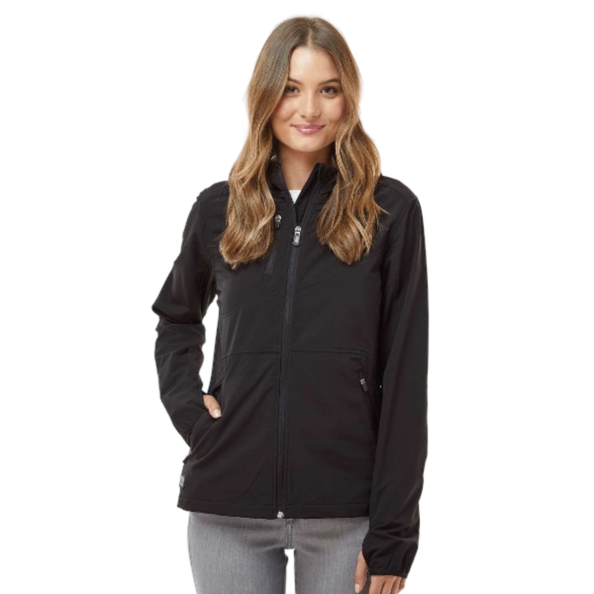 All-season softshell jacket with wind and water resistance, four-way stretch, adjustable hood, zippered pockets, thumbhole cuffs, and media port.