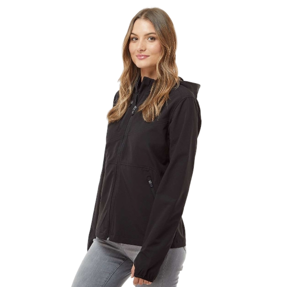 All-season softshell jacket with wind and water resistance, four-way stretch, adjustable hood, zippered pockets, thumbhole cuffs, and media port.