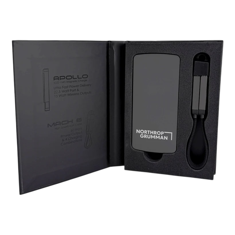 Apollo + Mach 6 Power Set featuring a sleek aluminum 5,000 mAh wireless power bank with digital capacity display and a durable zinc-alloy, nylon-braided multi-connector charging cable, designed for portable device charging and connectivity.