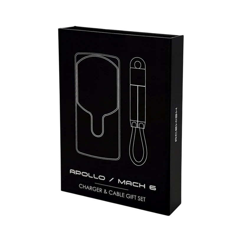 Apollo + Mach 6 Power Set featuring a sleek aluminum 5,000 mAh wireless power bank with digital capacity display and a durable zinc-alloy, nylon-braided multi-connector charging cable, designed for portable device charging and connectivity.