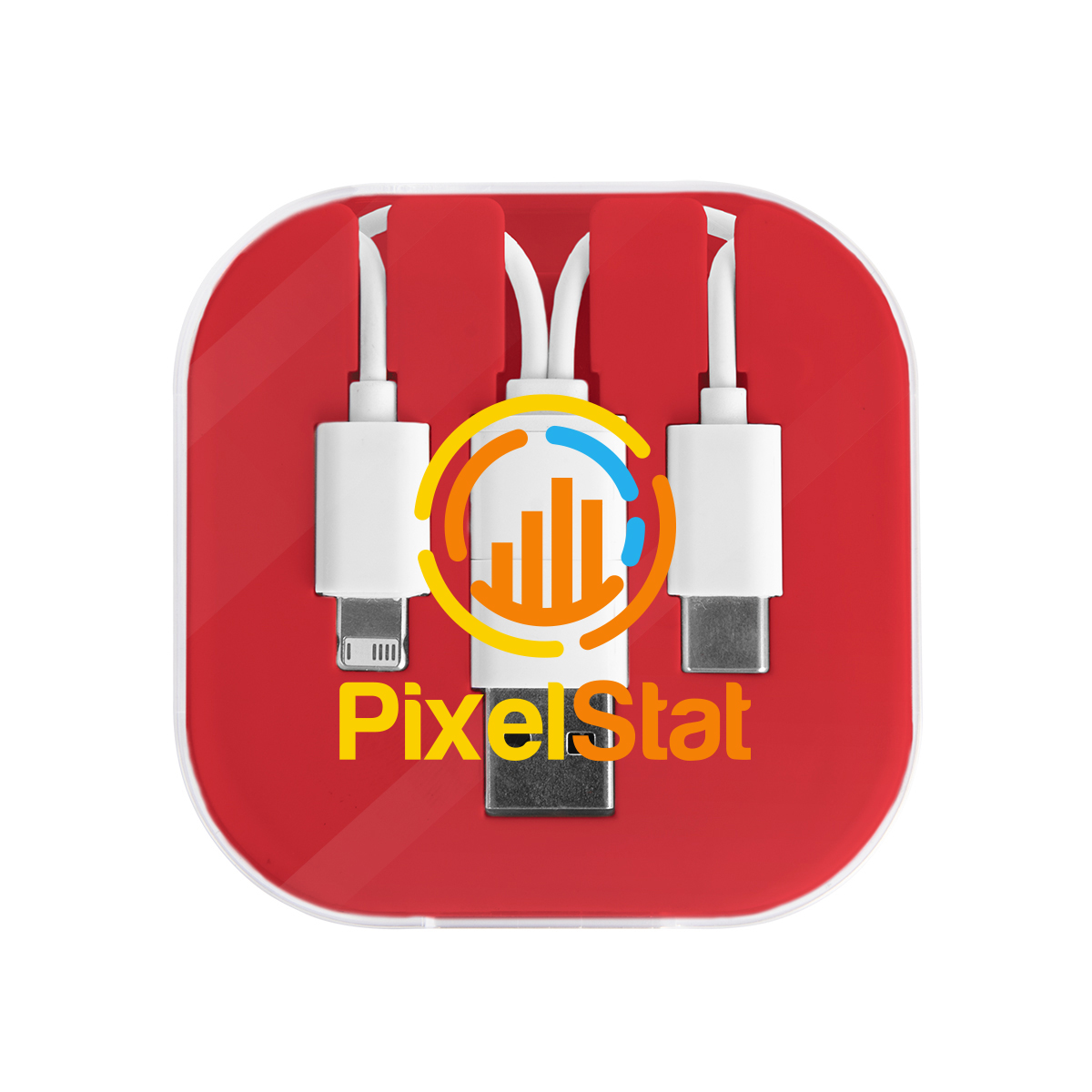 Red 3-in-1 charging cable with Apple 8-pin, Micro-USB, and Type-C connectors, USB-A and Type-C inputs, protective travel case, and slide-out phone stand for convenient charging and hands-free viewing.