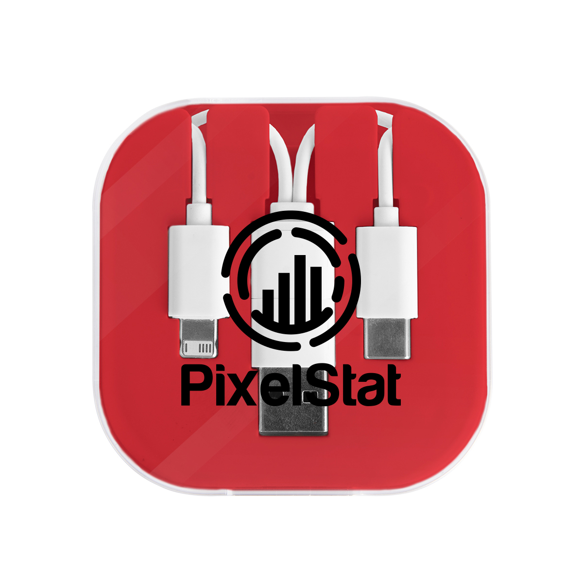 Red 3-in-1 charging cable with Apple 8-pin, Micro-USB, and Type-C connectors, USB-A and Type-C inputs, protective travel case, and slide-out phone stand for convenient charging and hands-free viewing.