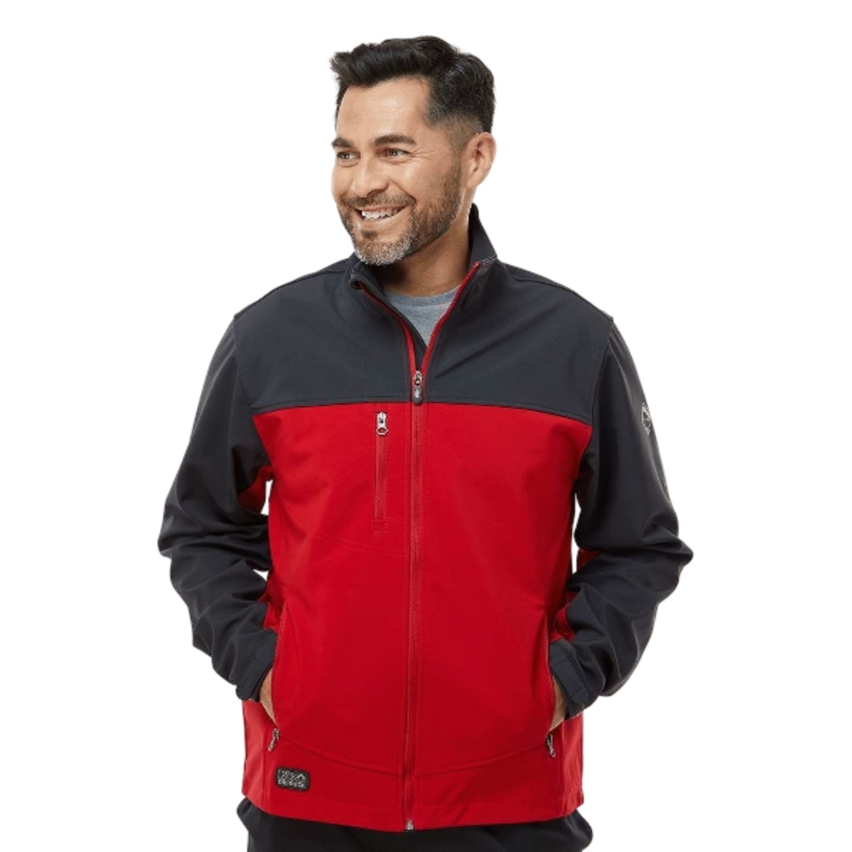 2-layer softshell jacket with brushed tricot interior, wind and water resistance, adjustable cuffs, multiple zippered pockets, and droptail hem.