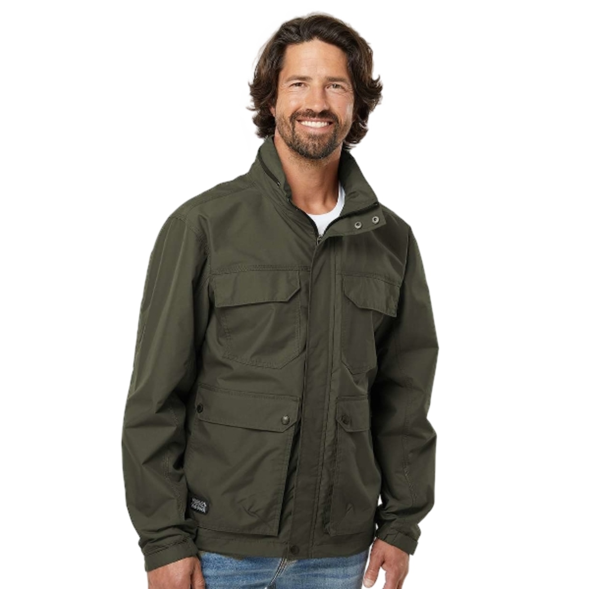Water-resistant nylon jacket with breathable mesh lining, packable hood, adjustable cuffs, storm flap, bellowed hand pockets, and cinch hem.