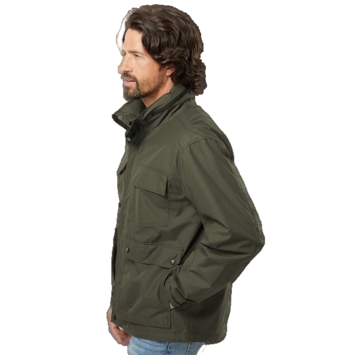 Water-resistant nylon jacket with breathable mesh lining, packable hood, adjustable cuffs, storm flap, bellowed hand pockets, and cinch hem.