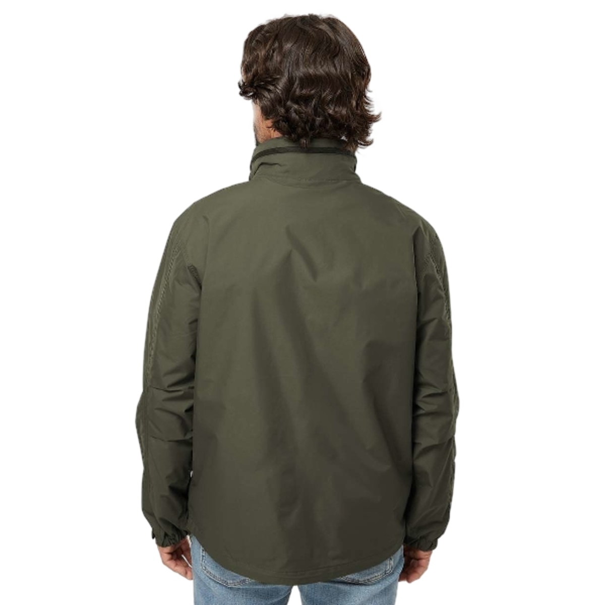 Water-resistant nylon jacket with breathable mesh lining, packable hood, adjustable cuffs, storm flap, bellowed hand pockets, and cinch hem.